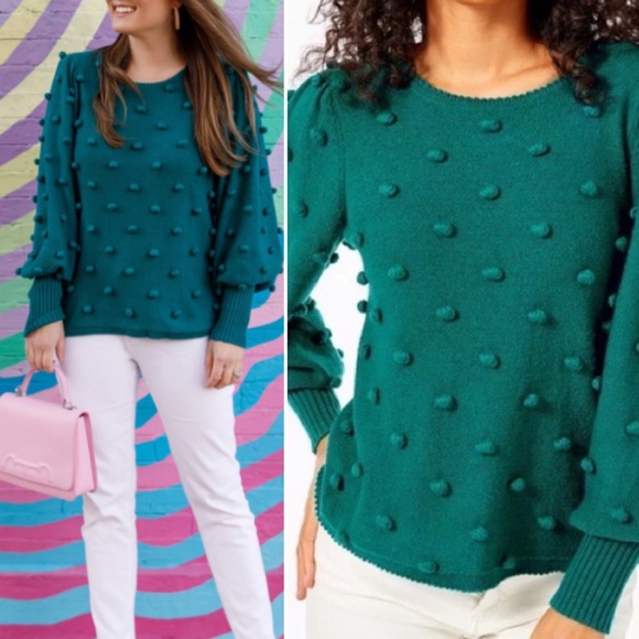 Lily Pulitzer Kippa Pom Pom Blouson Sleeve Sweater Green XS - Picture 1 of 7